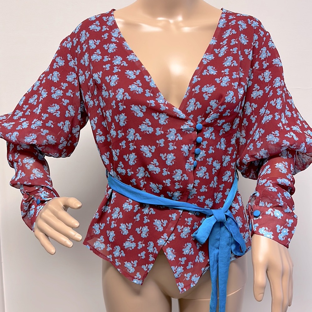 NWOT Lost Ink Puffed Long Sleeve Mock Wrap Blouse with Belt size XS